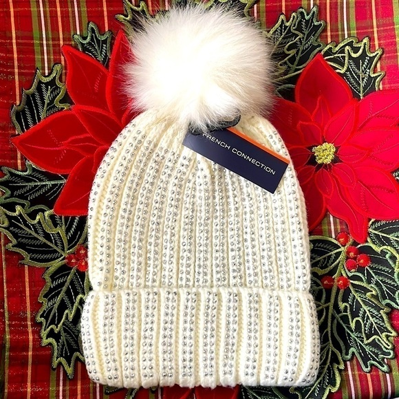 Brand New French Connection Pom Beanie Cable Knit Hat Light Cream Silver Studded main image 10